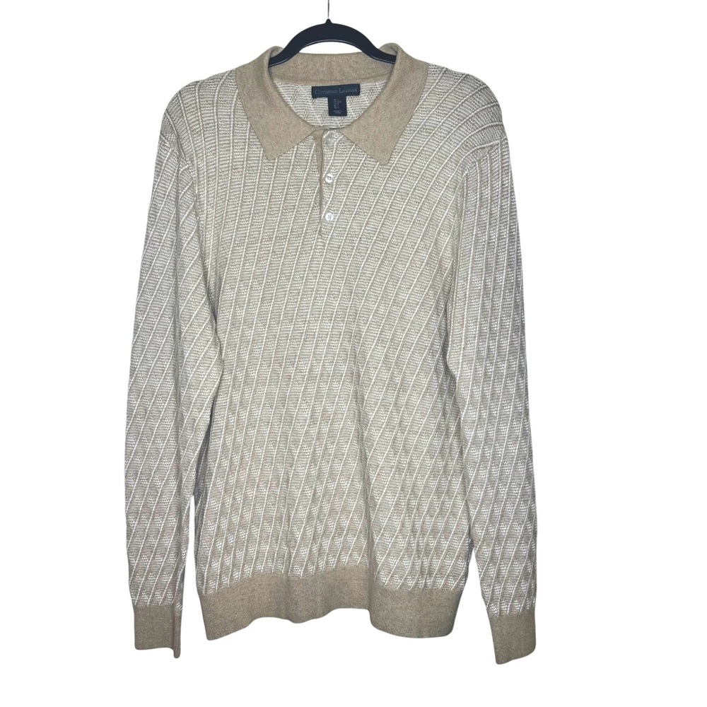 Christian Lacroix Long Sleeve Tan & White Pullover Polo Sweater Men's LARGE